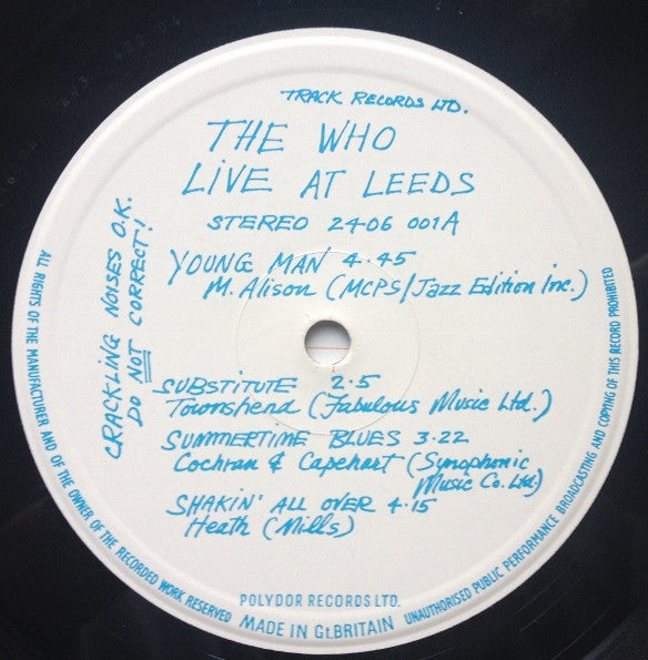 Image of Label Cover of 2224490E: LP - THE WHO, Live at Leeds (Track; 2406001, UK 1970 Reissue, Gatefold, Red Stamp, 11 Inserts, NO Poster, A3 / B4 Matrices) Edge Wear  VG/VG