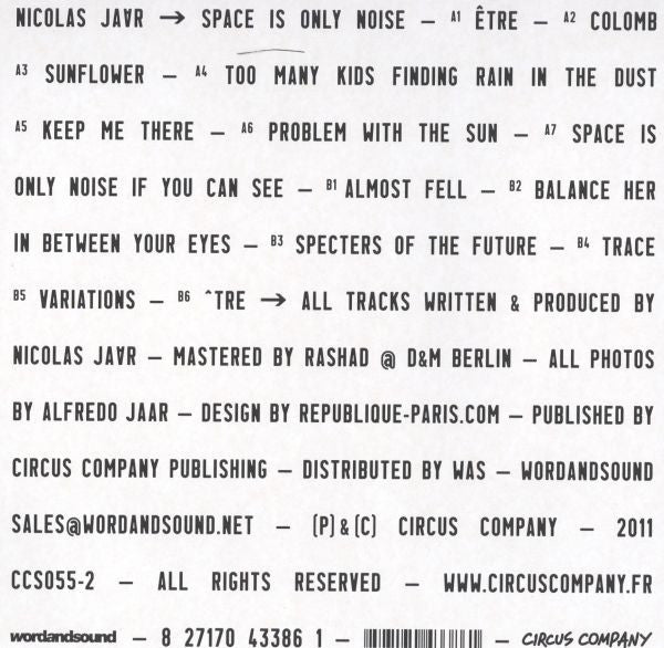 Image of Back Cover of LP - VG+/VG - NICOLAS JAAR, Space Is Only Noise (Circus Company; CCS055-2, France 2012 Reissue), A few hairlines and surface marks but nothing major, plays well,  - 3026288E