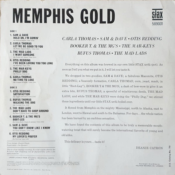 Image of Back Cover of 2314587C: LP - VARIOUS, Memphis Gold Vol. I (Stax; 589001, UK 1967, Stereo) Sleeve has creased corner, split spine, discolouration, stamp and track times written on rear  VG/G+