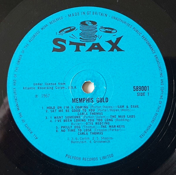 Image of Label Cover of 2314587C: LP - VARIOUS, Memphis Gold Vol. I (Stax; 589001, UK 1967, Stereo) Sleeve has creased corner, split spine, discolouration, stamp and track times written on rear  VG/G+