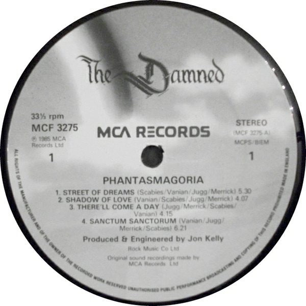 Image of Label Cover of LP - VG/VG - THE DAMNED, Phantasmagoria (MCA; MCF 3275, UK 1985, Inner), With merch insert! Strong VG, Lightest of hairlines, Super glossy disc, Light ring wear and smudge to front of sleeve.,  - 3916354C