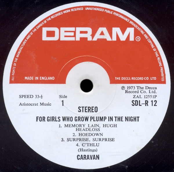 Image of Label Cover of LP - VG+/VG - CARAVAN, For Girls Who Grow Plump In The Night (Deram Red and White; SDLR12, UK 1973, Laminated Gatefold Sleeve, ZAL-12552.P-3U), ,  - 1226170E