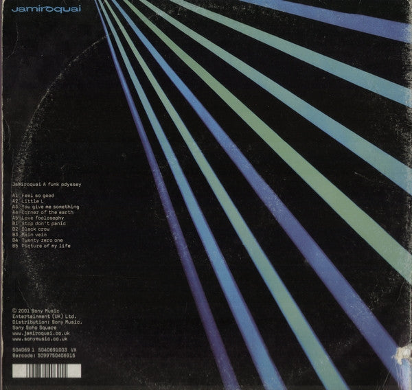 Image of Back Cover of 5144241S: LP - JAMIROQUAI, A Funk Odyssey (Sony; 504069, UK 2001, Gatefold, Inner) Sleeve Intact With Edge Wear And Creases  G+/G+