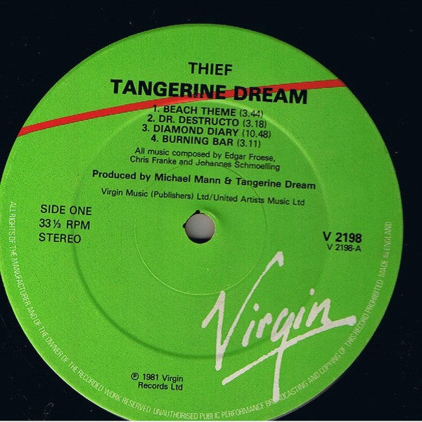 Image of Label Cover of 4614014C: LP - TANGERINE DREAM, Thief (Original Motion Picture Soundtrack)  (Virgin; V 2198, UK 1981) Strong G+, Glossy vinyl with light marks only, Edge wear and pinches  VG/G+