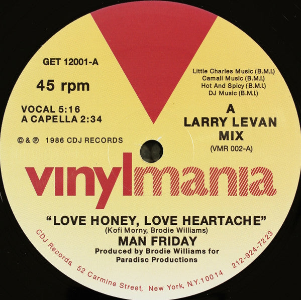Image of Back Cover of 12" - VG+/VG - MAN FRIDAY , Love Honey, Love Heartache (Vinylmania; GET 12001, US 2016 Reissue, Company Sleeve, Inner), ,  - 3646258S