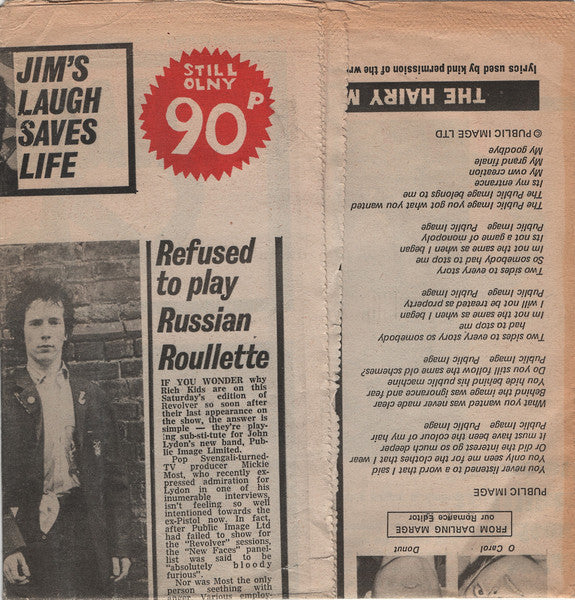 Image of Back Cover of 7" - VG/EX - PUBLIC IMAGE LIMITED (PIL), Public Image / The Cowboy Song (Virgin; VS228, UK 1978, Newspaper Sleeve), Sleeve Folded So It Is Smaller Than 7",  - 2826360E