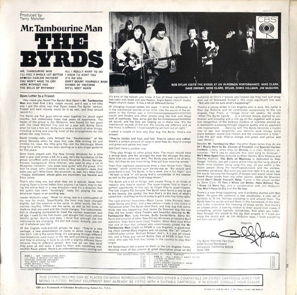 Image of Back Cover of LP - VG/VG - THE BYRDS, Mr. Tambourine Man (CBS Orange (33 1/3 On Label); SBPG62571, UK 1965, Laminated Front Sleeve, Stereo), Side 2 runout is S62571 B2. A few light hairlines and scuffs. Slight ringwear and a partially split top seam. ,  - 2526037E