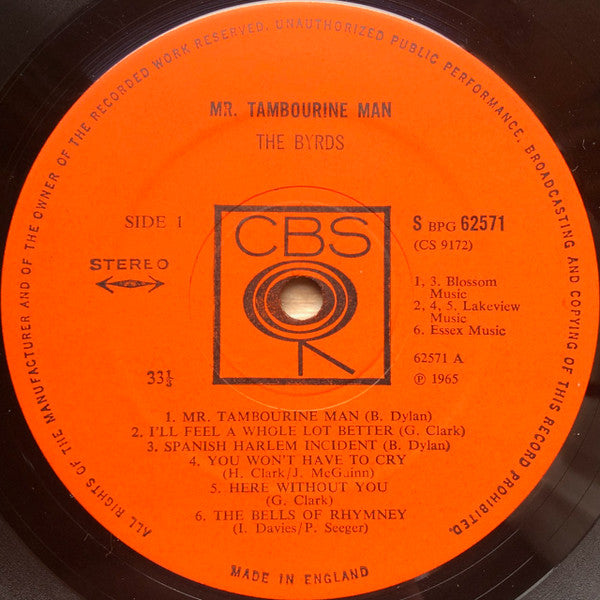 Image of Label Cover of LP - VG/VG - THE BYRDS, Mr. Tambourine Man (CBS Orange (33 1/3 On Label); SBPG62571, UK 1965, Laminated Front Sleeve, Stereo), Side 2 runout is S62571 B2. A few light hairlines and scuffs. Slight ringwear and a partially split top seam. ,  - 2526037E