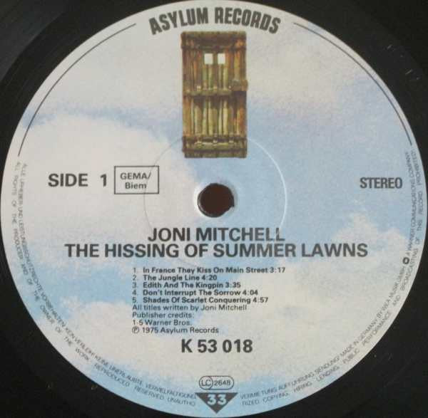 Image of Label Cover of LP - VG/VG+ - JONI MITCHELL, The Hissing of Summer Lawns (Asylum; AS 53018, Germany 1980s Reissue, Gatefold, strawberry/Alsdorf runout, GEMA/Biem Box, 'WB' stamp on rear sleeve), Edge wear, Prime Cuts sticker,  - 3046238S