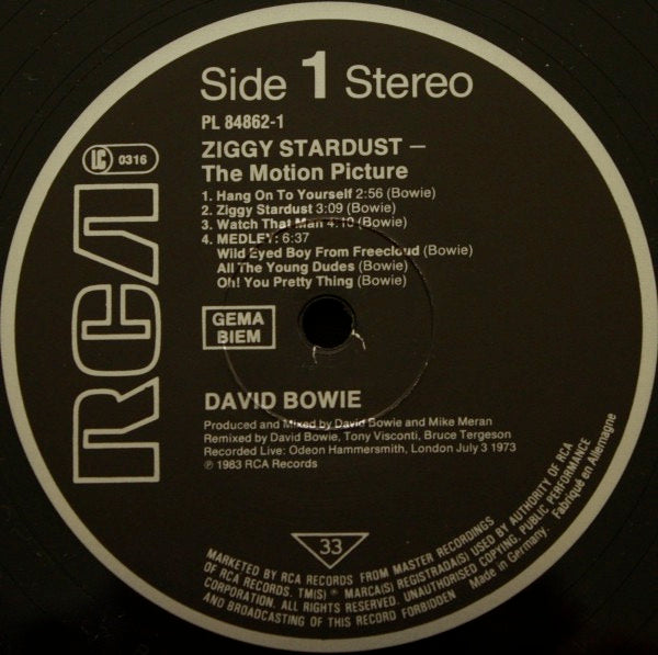 Image of Label Cover of 2xLP - VG/VG+ - DAVID BOWIE, Ziggy Stardust - The Motion Picture (RCA; PL84862, Germany 1983, Gatefold, Track Listing Above GEMA/BIEM Box On Labels), ,  - 3326217E