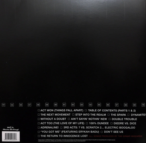Image of Back Cover of 2xLP - EX/VG+ - THE ROOTS, Things Fall Apart (Music On Vinyl; MOVLP787, Europe 2014 Reissue, Gatefold In Stickered Plastic Sleeve, Insert, 180 Gram Vinyl), Discs would be EX but for a couple of light hairlines from paper inner storage,  - 3626492E