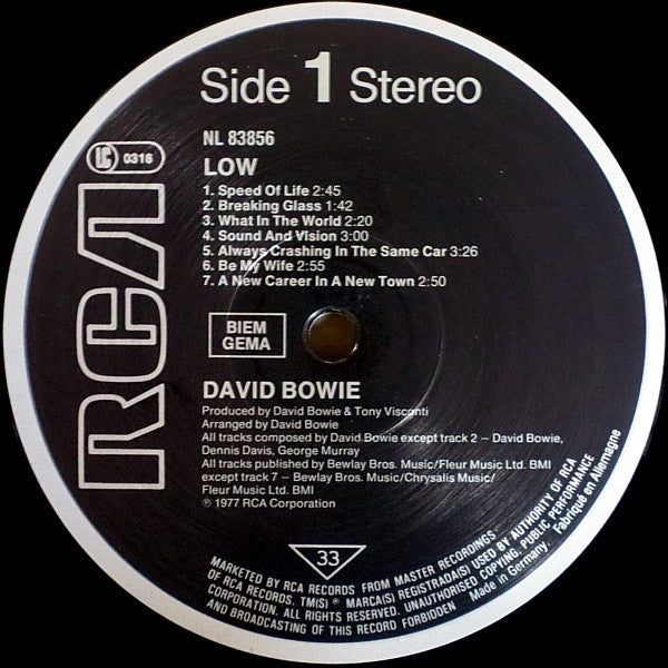 Image of Label Cover of LP - G+/G - DAVID BOWIE, Low (RCA International Black; NL 83856, Germany 1984 Reissue, Stereo), Covered in scratches - plays with crackle and pop. Heavy edgewear, tattered spine.,  - 4126219E