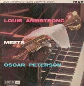 Image of Front Cover of 4925113E: LP - LOUIS ARMSTRONG / OSCAR PETERSON, Louis Armstrong Meets Oscar Peterson (HMV Red, Semi-Circular Nipper Logo; CLP 1328, UK 1960, Laminated Flipback Sleeve)   VG/G+