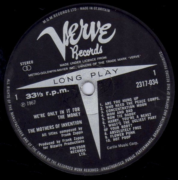Image of Label Cover of LP - VG/VG+ - FRANK ZAPPA AND THE MOTHERS OF INVENTION, We're Only in it for the Money (Verve; 2317034, UK 1972 Reissue, Laminated Gatefold E J Day Sleeve, Censored Sleeve, Made Under License From Metro... on Label), Clean glossy vinyl, Strong VG sleeve, Light wear only. ,  - 1416510C