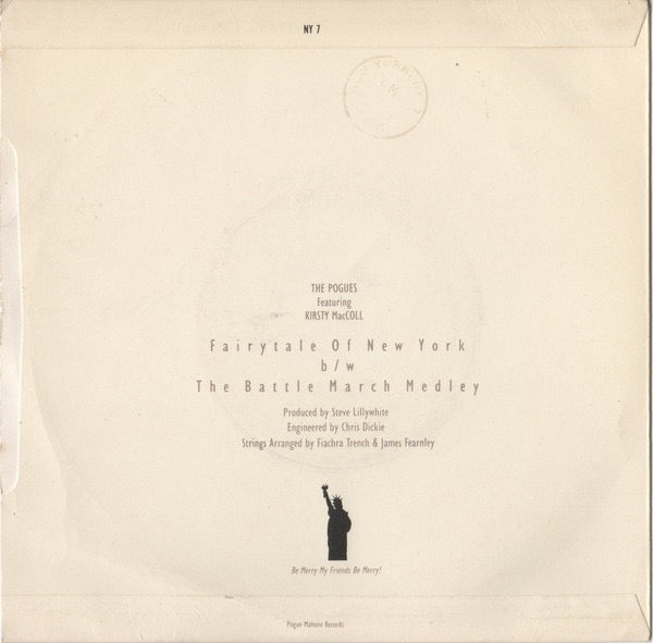 Image of Back Cover of 7" - VG+/VG+ - THE POGUES, Fairytale Of New York  (Stiff / Pogue Mahone Black and White Label; NY 7, UK 1987, Picture Sleeve), Very light wear to sleeve. ,  - 3256083S