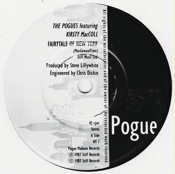 Image of Label Cover of 7" - VG+/VG+ - THE POGUES, Fairytale Of New York  (Stiff / Pogue Mahone Black and White Label; NY 7, UK 1987, Picture Sleeve), Very light wear to sleeve. ,  - 3256083S