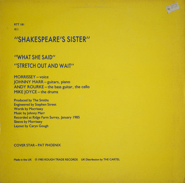 Image of Back Cover of 12" - G+/VG - THE SMITHS, Shakespeare's Sister (Rough Trade; RTT 181, UK 1985, Picture Sleeve, Inner, Lyntone Pressing), Hairlines, edge & ring wear, top edge seam split,  - 3446266S