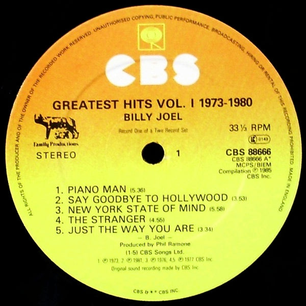 Image of Label Cover of 2xLP - VG/VG - BILLY JOEL, Greatest Hits Volume I & Volume II (CBS Orange/Yellow; CBS 88666, UK 1985, Gatefold), Sticker Damage To Sleeve,  - 2626092E