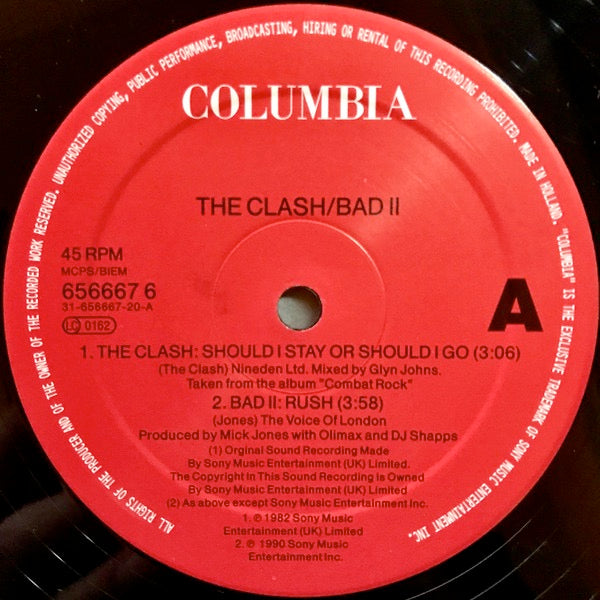 Image of Label Cover of 12" EP - VG/VG+ - THE CLASH / BIG AUDIO DYNAMITE II, Should I Stay Or Should I Go / Rush (Columbia; 656667 6, Europe 1991, Picture Sleeve, Cat No. on lower front cover), A couple of very light hairlines only. ,  - 4426025E