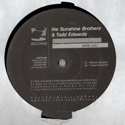 Image of Back Cover of 12" EP - /VG - TODD EDWARDS & THE SUNSHINE BROTHERS, Serie Uno EP (i! Records; IR-191, US 2000, Plain Sleeve), A few marks but only light hairlines. WOL., A1   Somore -	I Refuse (What You Want) (Sunshine Rmx) 	A2    Jay Collins Super 20 - Don't Turn Your Back On Love (Sunshine Rmx)	B1   Todd Edwards - Without Samples 	B2   Todd Edwards - I Need Someone 	 - 3526037E