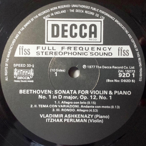 Image of Label Cover of 3624444E: 5xLP - ITZHAK PERLMAN AND VLADIMIR ASHKENAZY, Beethoven: The Sonatas for Violin and Piano (Decca Black Boxed Narrowband; D92D 5, UK 1977, Box Set, Booklet)   VG/VG+