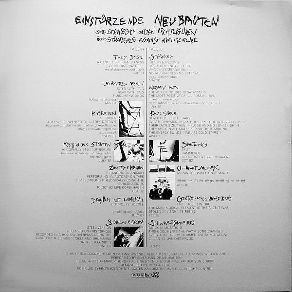 Image of Back Cover of LP - VG/VG - EINST RZENDE NEUBAUTEN, 80-83 Strategien Gegen Architekturen (Mute ; STUMM 14, UK 1980s Reissue), ,  - 3126132E