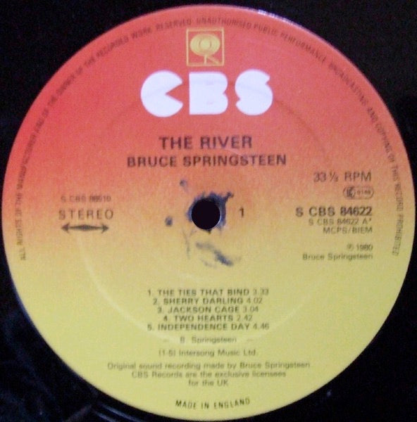 Image of Label Cover of 2xLP - VG/VG - BRUCE SPRINGSTEEN, The River (CBS Orange/Yellow; 88510, UK 1980, 2 Square Corner Inners with thumb cut-out, Folded Lyric Insert, Made In England at Bottom of Label), Light marks, edge wear, small tear on back cover opening edge,  - 3446044S