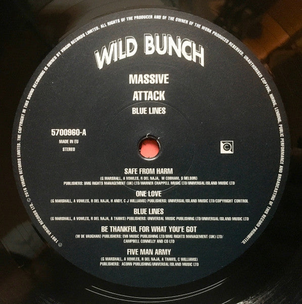 Image of Label Cover of LP - VG+/VG+ - MASSIVE ATTACK, Blue Lines (Virgin / Wild Bunch; 5700960, Europe 2016 Reissue, Picture Sleeve, Inner, 180 Gram Vinyl), ,  - 2846231S