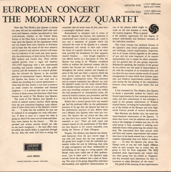 Image of Back Cover of LP - VG/VG - THE MODERN JAZZ QUARTET, European Concert Vol 1 (London; LTZK15222, UK 1961), ,  - 2526117E