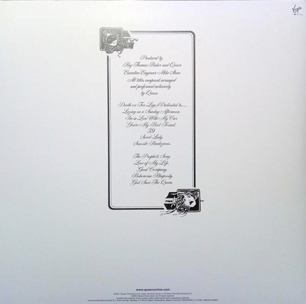 Image of Back Cover of LP - NEW/NEW - QUEEN, A Night At The Opera (Virgin EMI; 4720269, Europe 2019 Reissue, Embossed Gatefold, Inner, 180 Gram Vinyl, Half Speed Mastered), , Half-speed lacquers cut at Abbey Road Studios. 'A Night at the Opera' is the fourth studio album by Queen, released in November 1975. Co-produced by Roy Thomas Baker and Queen, it was the most expensive album ever recorded at the time of its release. A commercial success, 'A Night at the Opera' has been voted by the public and cited by