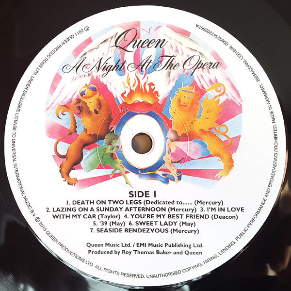 Image of Label Cover of LP - NEW/NEW - QUEEN, A Night At The Opera (Virgin EMI; 4720269, Europe 2019 Reissue, Embossed Gatefold, Inner, 180 Gram Vinyl, Half Speed Mastered), , Half-speed lacquers cut at Abbey Road Studios. 'A Night at the Opera' is the fourth studio album by Queen, released in November 1975. Co-produced by Roy Thomas Baker and Queen, it was the most expensive album ever recorded at the time of its release. A commercial success, 'A Night at the Opera' has been voted by the public and cited b
