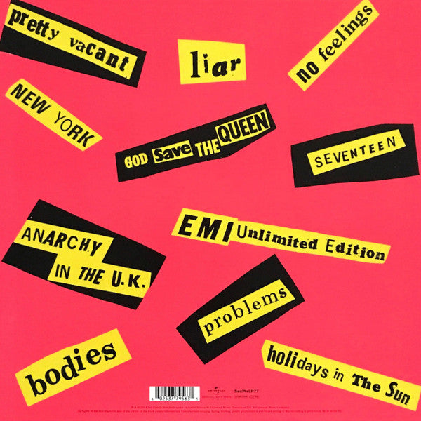 Image of Back Cover of LP - EX/EX - SEX PISTOLS, Never Mind The Bollocks (UMC; SEXPISLP77, UK 2014 Reissue), Opened Instore, Still In Shrinkwrap,  - 2826098E