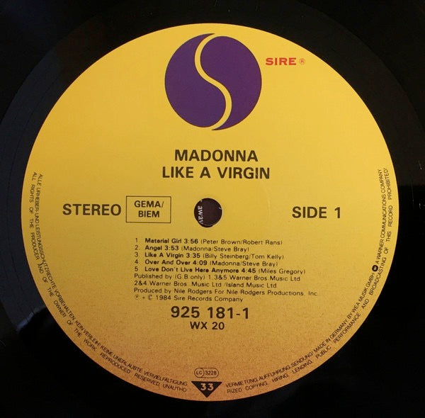 Image of Label Cover of LP - VG/VG - MADONNA, Like a Virgin (Sire ; 925 181 1 , Europe 1985 Reissue, Inner, Barcode Text Variant.), ,  - 4026292E