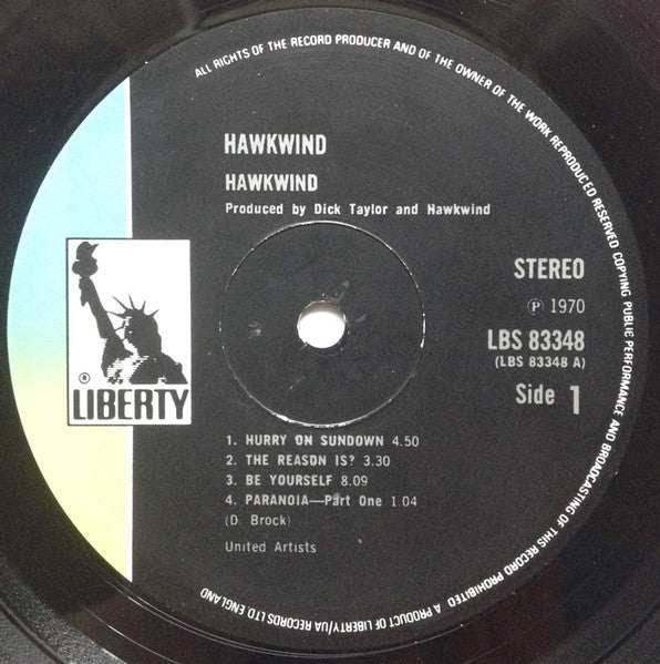 Image of Label Cover of LP - VG/VG - HAWKWIND, Hawkwind (Liberty Black and Blue/Yellow; LBS 83348, UK 1970, Gatefold, No Made In England Text on Label. Single D Brock Credit Under Tracks on Label), ,  - 4026324E
