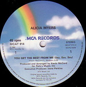 Image of Label Cover of 12" - VG/VG+ - ALICIA MYERS, You Get The Best From Me (Say Say Say) / I Want To Thank You (MCA; MCAT 914, UK 1984, Picture Sleeve), Ringwear on sleeve,  - 4046119S