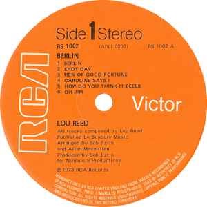 Image of Label Cover of LP - VG/G+ - LOU REED, Berlin (RCA Victor Orange; RS 1002, UK 1973, Shorepak Printing Sleeve, Insert), Hairlines, feelable scratch on B2, edge & ring wear, Inner foxing,  - 4046219S