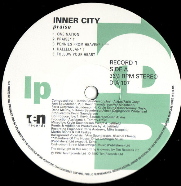 Image of Label Cover of 2xLP - VG/VG+ - INNER CITY, Praise (10 Records; DIX 107, UK 1992, Insert, Bonus 12''), , The 5,000 copies of this pressing included a bonus 12'' named The Alchemy E.P. - 2026044E