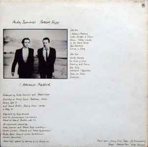 Image of Back Cover of LP - VG/VG - ANDY SUMMERS & ROBERT FRIPP, I Advance Masked (A&M Records; AMLH 64913, UK 1982, Textured Sleeve), Age discolouring, strong VG vinyl.,  - 3816293C