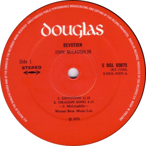 Image of Label Cover of LP - VG/VG+ - JOHN MCLAUGHLIN, Devotion (Douglas; S DGL 65075, UK 1972, Gatefold), Light ringwear on back of sleeve,  - 1626230E