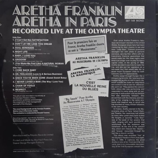 Image of Back Cover of LP - VG/VG - ARETHA FRANKLIN, Aretha In Paris (Atlantic; 587 149, UK 1968, Laminated Front Sleeve, Mono), ,  - 3126136E