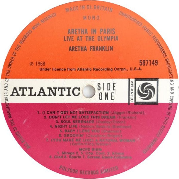 Image of Label Cover of LP - VG/VG - ARETHA FRANKLIN, Aretha In Paris (Atlantic; 587 149, UK 1968, Laminated Front Sleeve, Mono), ,  - 3126136E