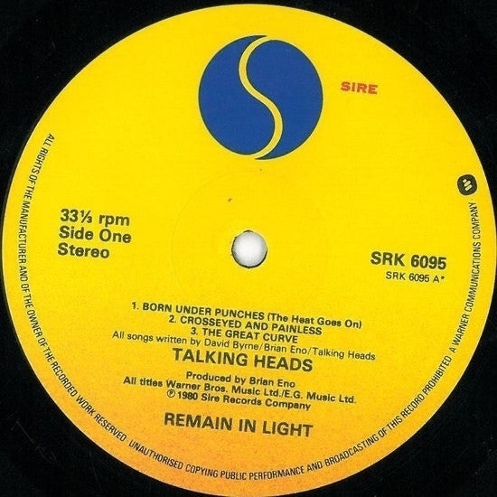 Image of Label Cover of LP - VG+/VG - TALKING HEADS, Remain In Light (Sire; SRK 6095, UK 1980, Inner & Insert, SRK+6095+A STRAWBERRY Run Outs), Strong VG, Slight Sticker Damage To Sleeve,  - 4326422E
