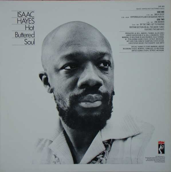 Image of Back Cover of LP - VG/VG+ - ISAAC HAYES, Hot Buttered Soul (Stax; SXE 005, UK 1990 Reissue, Picture Sleeve), Record is in great condition, sleeve has slight fraying at the top edge.,  - 3846035S