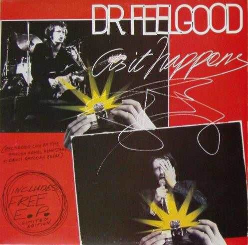 Image of Front Cover of 3824126E: LP - DR. FEELGOOD, As It Happens (United Artists Records; UAK 30239, UK 1979, Inner, with bonus 7" EP) Missing the EP. Creases and dented corners on sleeve. Vinyl has light marks.  VG/VG