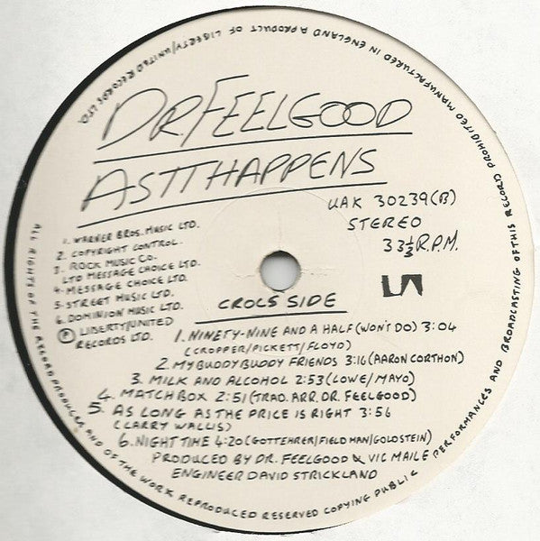 Image of Label Cover of 3824126E: LP - DR. FEELGOOD, As It Happens (United Artists Records; UAK 30239, UK 1979, Inner, with bonus 7" EP) Missing the EP. Creases and dented corners on sleeve. Vinyl has light marks.  VG/VG