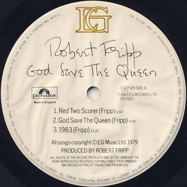 Image of Label Cover of 3245173S: LP - ROBERT FRIPP, God Save The Queen/ Under Heavy Manners (EG; EGLP105, UK 1980, Inner, Postcard) Still in opened shrinkwrap, old price sticker under shrinkwrap  VG+/VG+