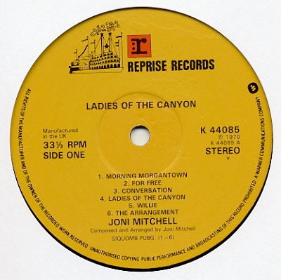 Image of Label Cover of LP - VG/VG - JONI MITCHELL, Ladies Of The Canyon (Reprise Steamboat Labels With WB Logo & Manufactured In The UK; K 44085, UK 1975 Reissue, Gatefold, Stereo), Strong VG Throughout,  - 2416395C