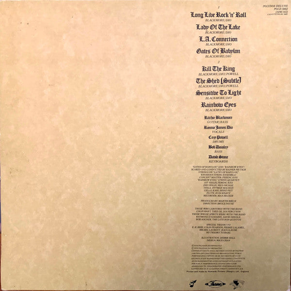Image of Back Cover of LP - VG/VG+ - RAINBOW, Long Live Rock N' Roll (Polydor; POLD 5002, UK 1978, Textured Gatefold Sleeve, Limited Edition Special Price Stamp On Sleeve), Edge Wear,  - 3826185E