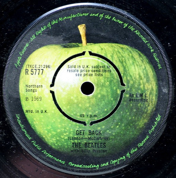 Image of Front Cover of 5024206E: 7" - THE BEATLES, Get Back / Don't Let Me Down (Apple; R 5777, UK 1969, Company Sleeve, First Press, No NCB Credit On Label, Push-Out Centre) Damage To Sleeve Opening, Sleeve Creased  G+/VG+