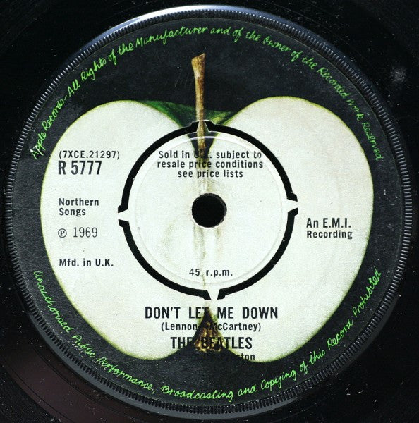 Image of Back Cover of 5024206E: 7" - THE BEATLES, Get Back / Don't Let Me Down (Apple; R 5777, UK 1969, Company Sleeve, First Press, No NCB Credit On Label, Push-Out Centre) Damage To Sleeve Opening, Sleeve Creased  G+/VG+